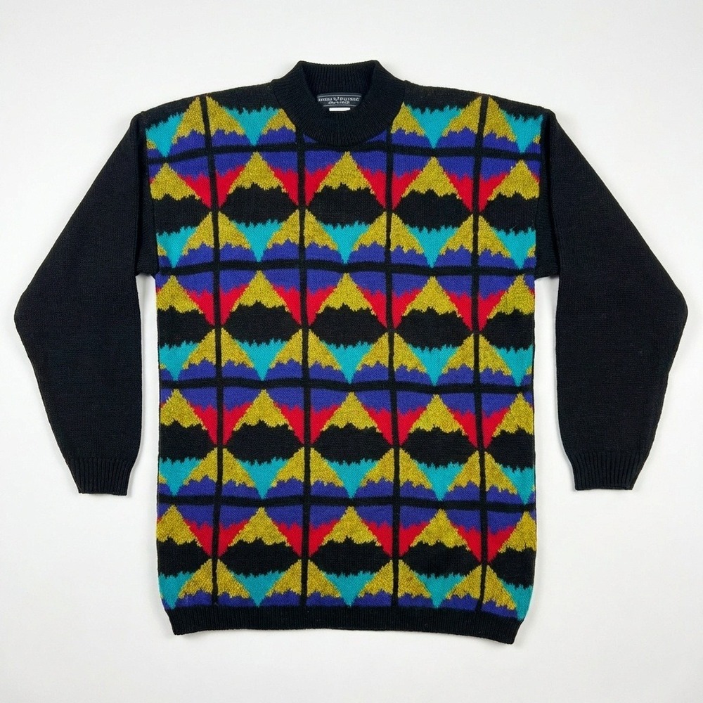 Vintage Norton McNaughton Petites Geometric Intarsia Mock Neck Sweater Black S